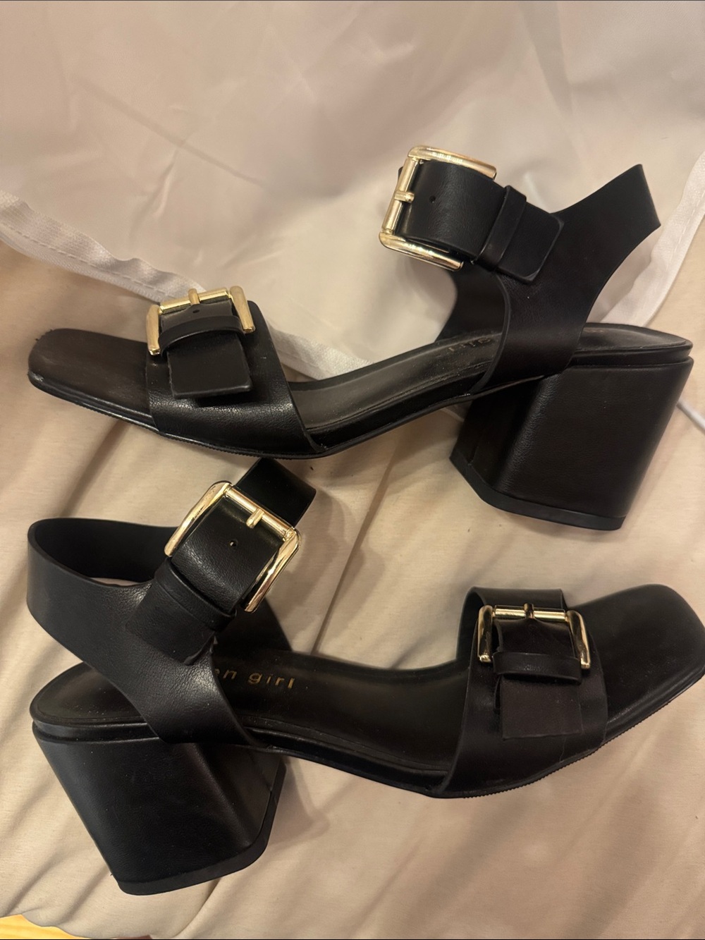 Madden Girl Black Sandals with Gold Buckles - Picture 2 of 3